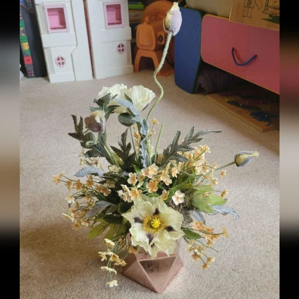faux flower baquet with rose gold vase - Iceland poppy, primula - artificial flo